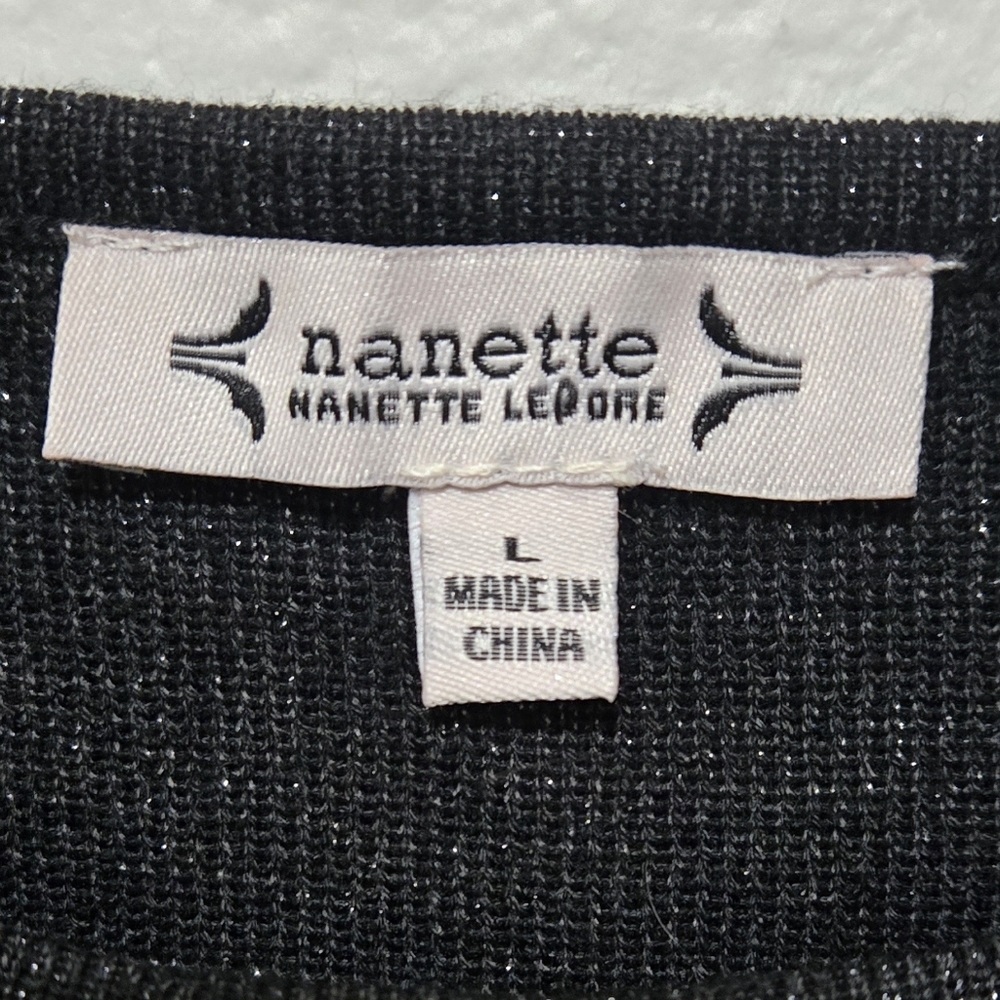 Nanette Lepore Black and Silver Sparkle Knit Sweater Ribbed Sleeves Size Large - Picture 12 of 14